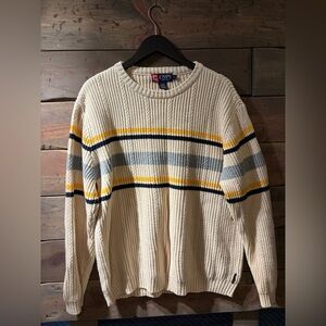 Chaps Men's Ribbed Cream Sweater with Yellow and Gray Stripes